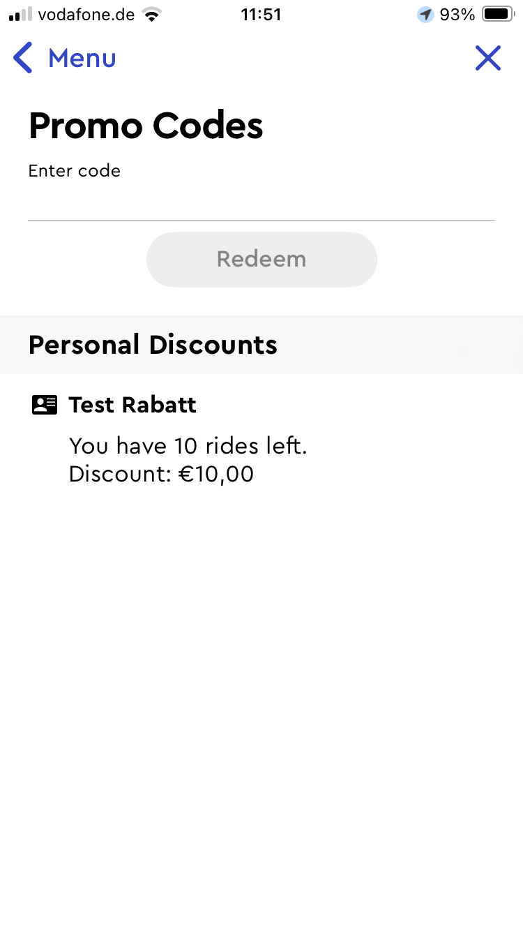 Promo codes section with discount displayed