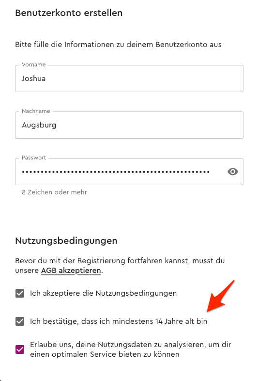 Bestätigen des Mindestalters bei der Registrierung