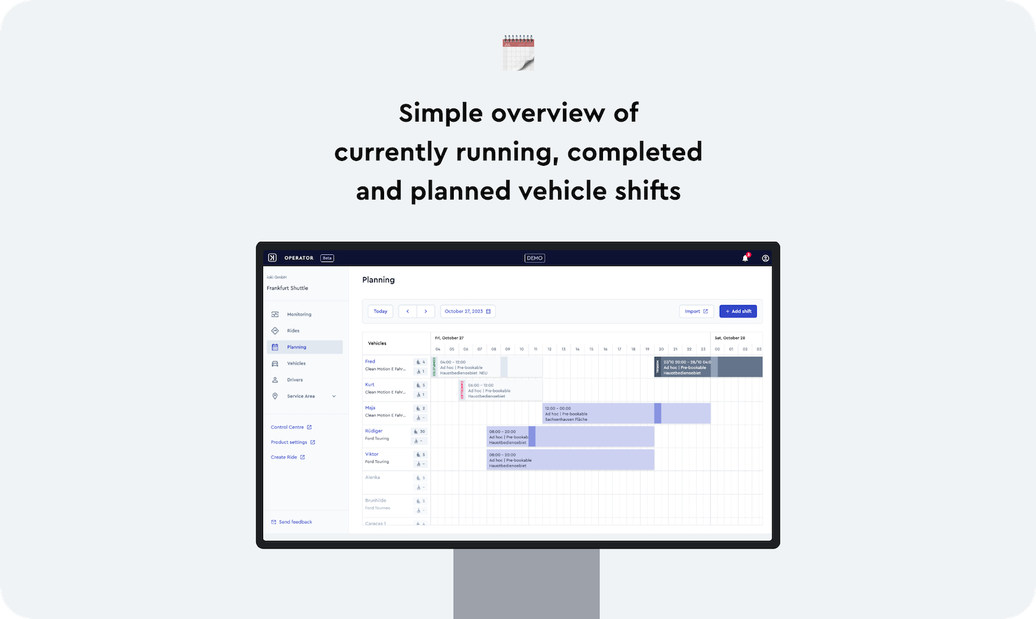 Screenshot + Text "Simple overview of currently running, completed and planned vehicle shifts"