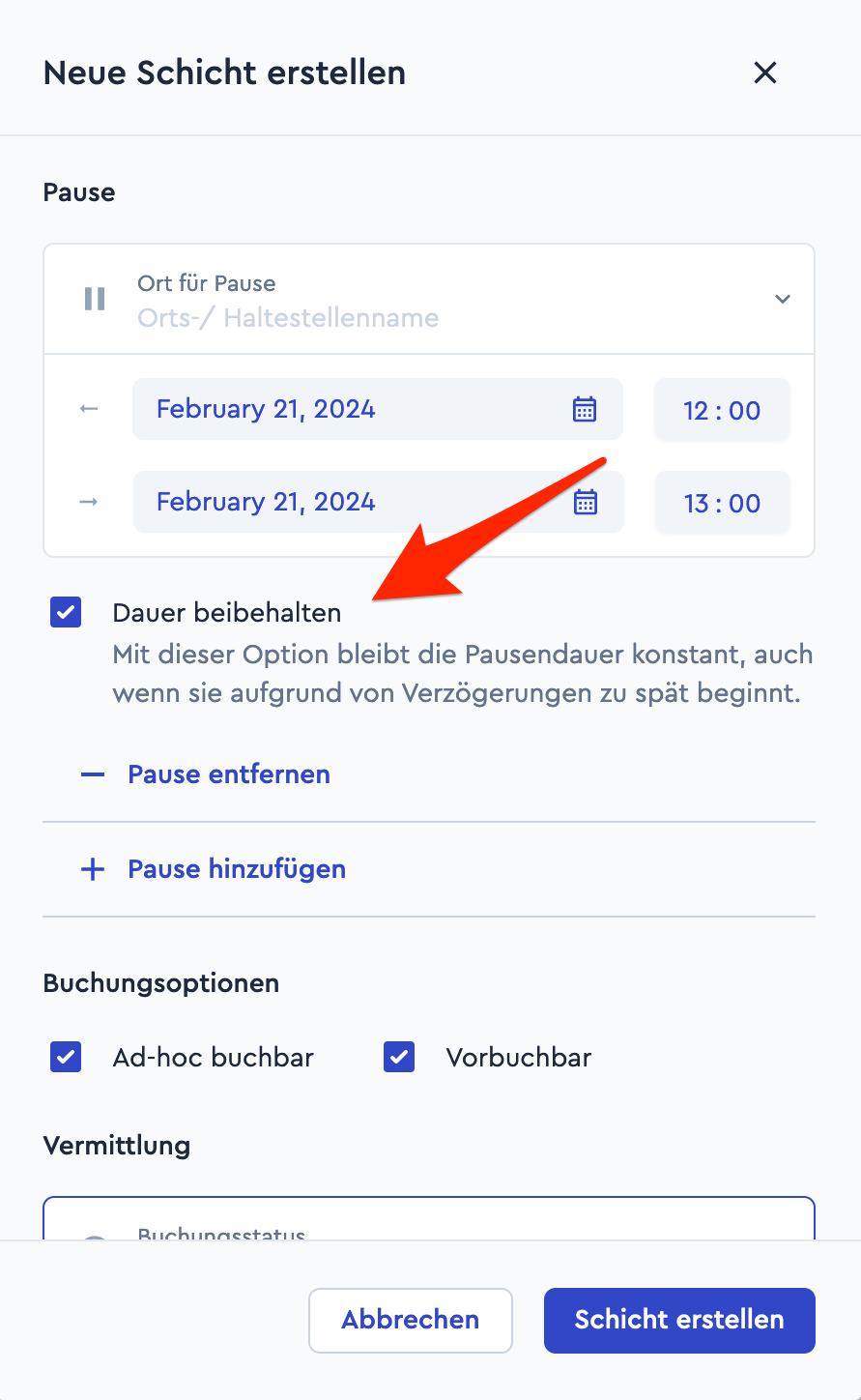Dauer beibehalten bei Schichterstellung